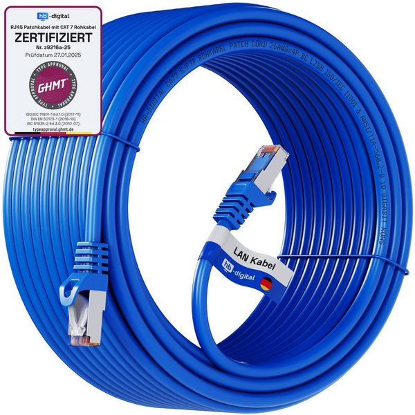 HB-DIGITAL Patchkabel CAT.7 Rohkabel LAN Kabel Cat7 S/FTP PiMF LSZH Netzwerkkabel, Netzwerkstecker, RJ-45 (1500 cm), Kontaktoberfläche: Pins Vergoldet 50µ