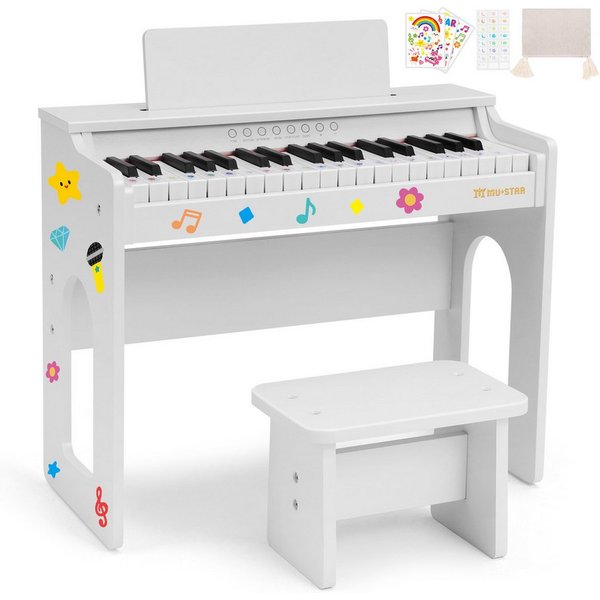 MUSTAR Klavier aus Holz mit Hocker, Notenbuch und Aufklebern, 37 Tasten (2-St., mit Piano Bench), 37 Tasten Kinderklavier, DIY Lernaufkleber & Tastaturaufkleber