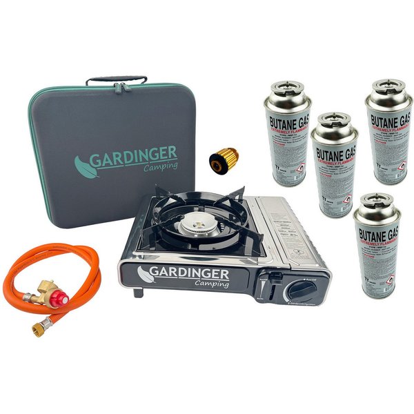 GARDINGER Gaskocher Campingkocher Safety Camp Allgas Piezo Zündsicherung vier Kartuschen, (Allgas-Adapterschlauch), Zündsicherung, Windschutz