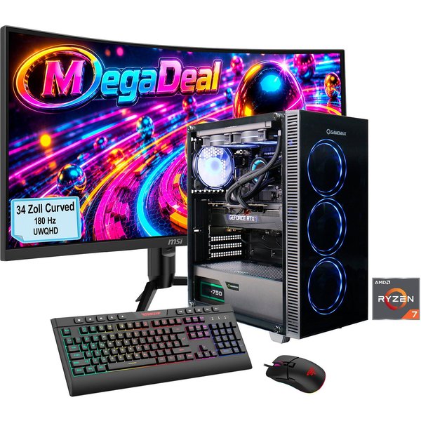 GAMEMAX MegaDeal Draco XD 2841 AMD Ryzen 7 9700X 32GB DDR5 1TB SSD RTX 5070Ti Gaming-PC-Komplettsystem (34", AMD Ryzen 7 9700X, RTX 5070 Ti, 32 GB RAM, 1000 GB 