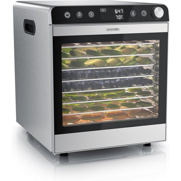 Arendo Dörrautomat Edelstahl, Temperaturregler von 30° bis 85°C, Dörrgerät, Dehydrator 800 W, 10 Etagen, Obst, Fisch, Fleisch Dörrapparat, Obsttrockner, Timer 0