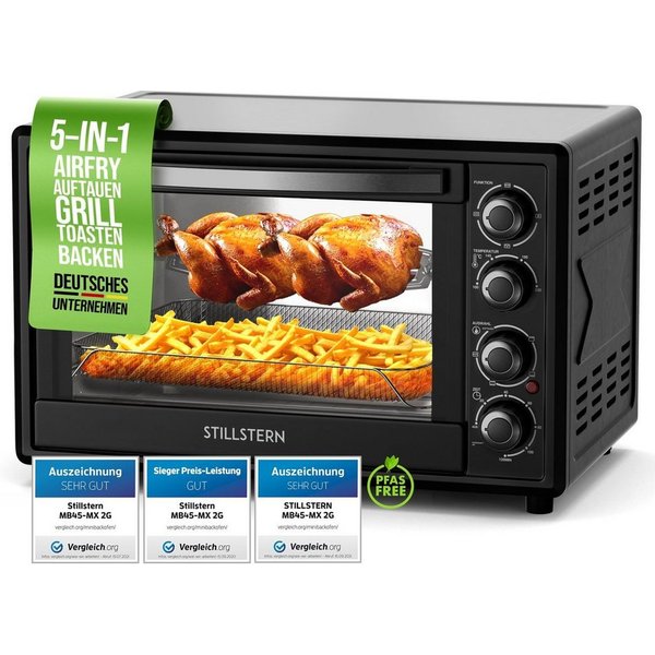 Stillstern Minibackofen MB45-MX 2G (45L) Deutsche Version, Ofenhandschuhe, Rezeptheft, Drehspieß, Timer, Innenbeleuchtung