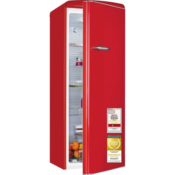 exquisit Kühlschrank RKS325-V-H-160C rot, 146,5 cm hoch, 54,5 cm breit, LED-Beleuchtung, verstellbare Glasböden, Retro-Design