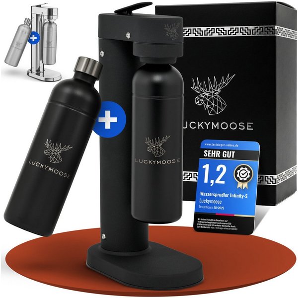 Luckymoose Wassersprudler Infinity-S mit 2x 1,25L langlebige Edelstahlflaschen, (2xSchwarz-tlg), Spart bis zu 25% CO2, Flaschen spülmaschinenfest & ohne Ablaufd