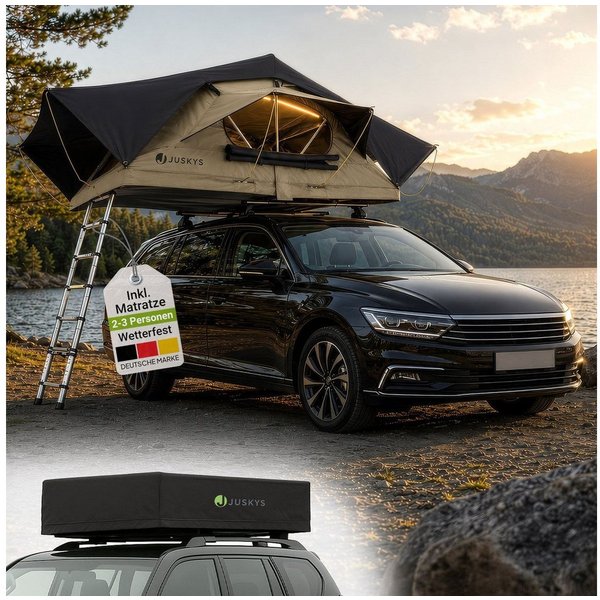 Juskys Dachzelt Lago, Wasserdicht, Teleskopleiter, 2 Personen Zelt, LED Beleuchtung