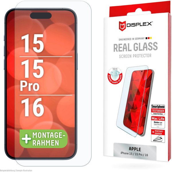 Displex Displayschutzglas Real Glass Screen Protection für Apple iPhone 15, Apple iPhone 15 Pro, Apple iPhone 16, Displayschutzfolie, Schutzfolie, Bildschirmsch