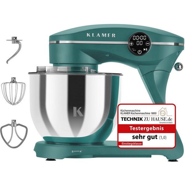 KLAMER Küchenmaschine 1800W, 6L Edelstahl-Schüssel, Knetmaschine mit 10 Geschwindigkeiten & Timer, grün, 1800 W, 6 l Schüssel, Spritzschutz, 3 Werkzeuge, Saugfü