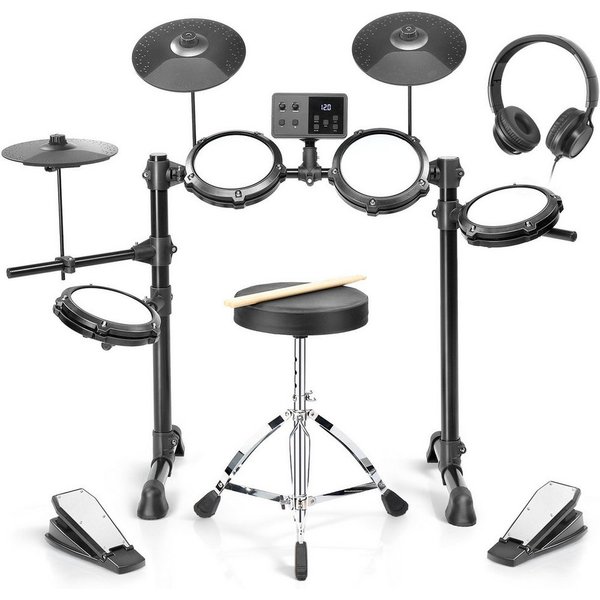 LALAHO E-Drum mit 4 Pads und 3 Becken Kinder Elektronisches Schlagzeug Set, E-Drum Kit 150 Töne 15 Schlagzeug-Kits, Kopfhörer Sticks Drumhocker