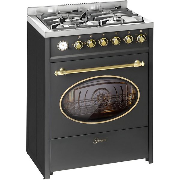 GURARI Gas-Standherd 60 cm Retro Gasherd mit Elektrobackofen 60 L, Schwarz, ErdgasFl.Gas E 614 BL r., mit 1-fach-Teleskopauszug, Gas Kochfeld mit WOK Brenner, M