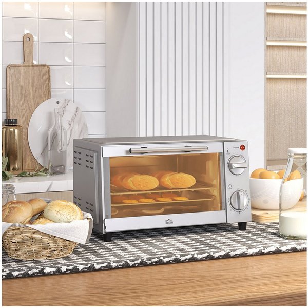 HOMCOM Minibackofen 9 L, 750W, mit Backblech, Grillrost, Temperaturbereich bis 230°C, zum Grillen, Backen, Toasten, Silber