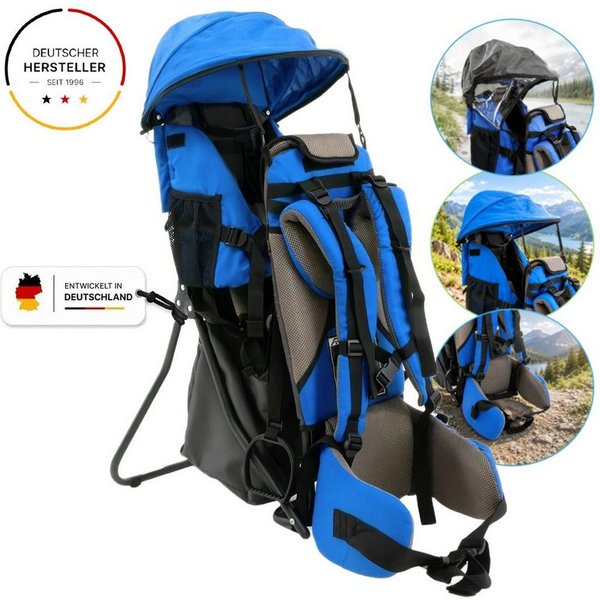FASports Rückentrage Lil' Boss Kinderkraxe, Kindertrage (Kinderrückentrage, 1-tlg., blau-grau), Babytrage, 5-Punkt-Sicherungsgurt, Regen- und Sonnendach, Tasche