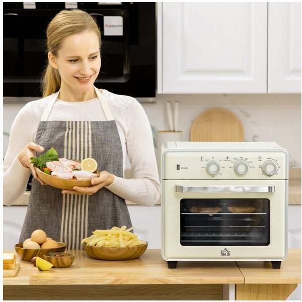 HOMCOM Minibackofen Mini Ofen, Grillrost, 90-230°C Heißluftfritteuse, mit 5 Modi, Frittierkorb, 60 Min. Timer, 1400W, Metall