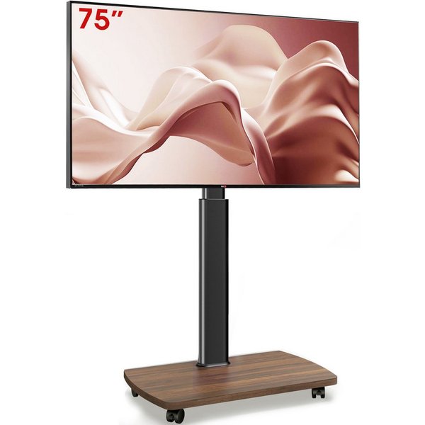AOKCOS TV-Ständer mit Rollen, höhenverstellbar, ±50° schwenkbar, 43-75 Zoll, (bis 75 Zoll, -2° und +10° neigbar, Holz-Bodenplatte)