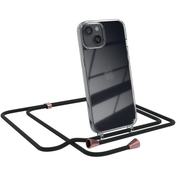 EAZY CASE Handykette Hülle mit Kette für Apple iPhone 13 6,1 Zoll, Handykordel Smartphonekette für Unterwegs Festivalbag Schwarz Rosé