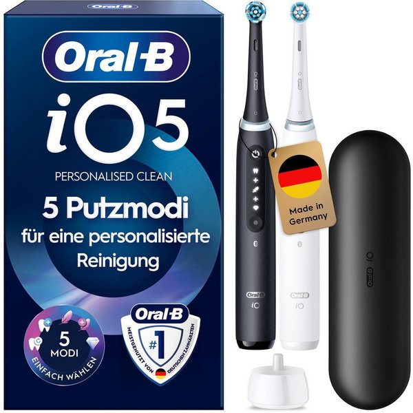 Oral-B Elektrische Zahnbürste iO 5 Duopack, Aufsteckbürsten: 2 St., mit Magnet-Technologie, LED-Anzeige, 5 Putzmodi, Reiseetui