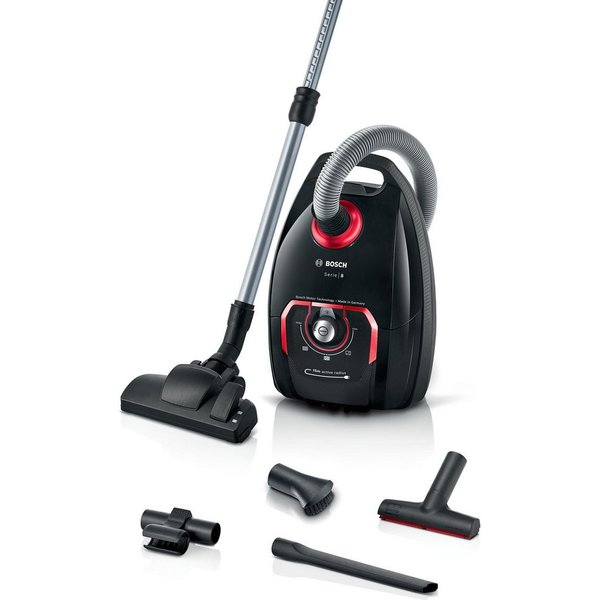 BOSCH Bodenstaubsauger Serie 8 BGB75X650, ideal für Allergiker, 10 Jahre Motorgarantie, 650 W, mit Beutel, Hygiene-Filter, XXL-Polsterdüse, XXL-Fugendüse, lange