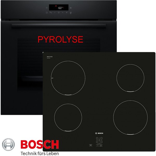 BOSCH Induktions Herd-Set Pyrolyse Backofen Schwarz Autark mit Kochfeld Induktion, Pyrolyse-Selbstreinigung, Pyrolyse + Hydrolyse