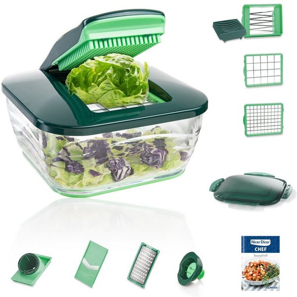 Genius Gemüseschneider Genius Zerkleiner Nicer Dicer Chef 15 Teile Gemüsehobel, Würfelschneider, Tomatenschneider, Zwiebelschneider, Gurkenhobel