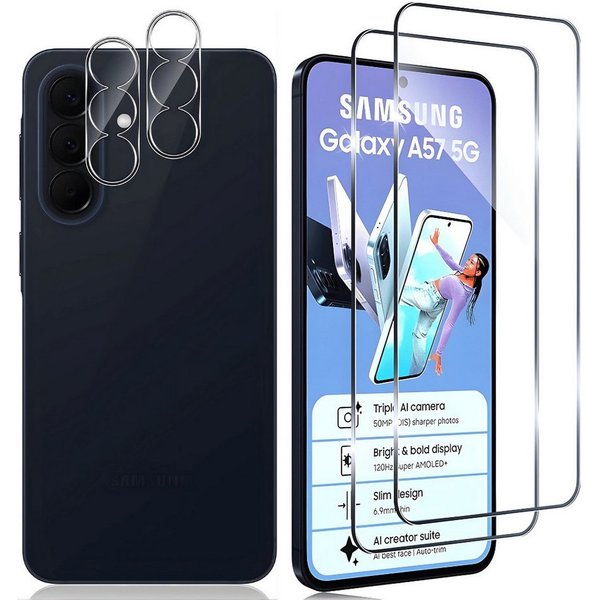 SmartUP Displayschutzglas 2X Schutzglas für Samsung Galaxy A57 5G Display Kamera Panzerfolie 9H für Samsung Galaxy A57 5G, 4 Stück, Rundumschutz, passgenaue Ver
