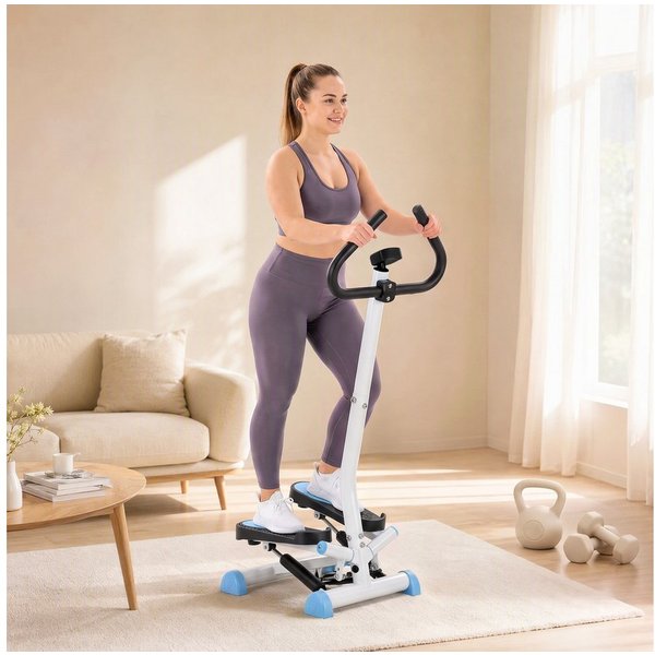 HOMCOM Stepper Fitness Swing Stepper mit LCD-Schirm und Handgriff blau (Hometrainer für Zuhause, 1-tlg., bis 100 kg), Stahl, ABS, 55cm x 44cm x 108cm