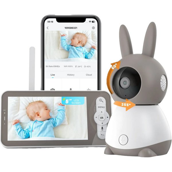Boifun Babyphone 5 Zoll WLAN Video babyfone PTZ 355° Babyphone mit Kamera 2K/3MP, IR-Nachtsicht, Automatische Verfolgung,Temperaturanzeige, 1-tlg., Weinen/Beweg