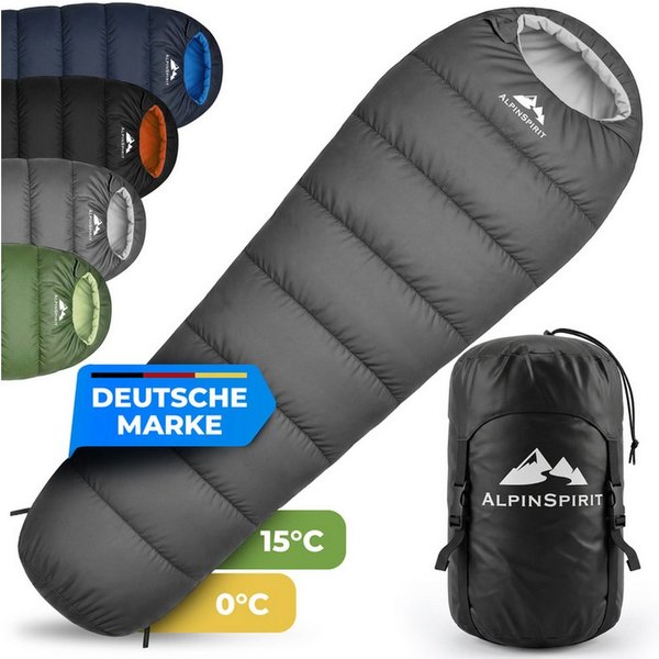 AlpinSpirit Mumienschlafsack [Ultraleicht] 3 Jahreszeiten Sommer & Winter, Packmaß, 210x75 cm (Festival, Trekking, Outdoor, Camping), 2 Wege Reißverschluss, 3 J