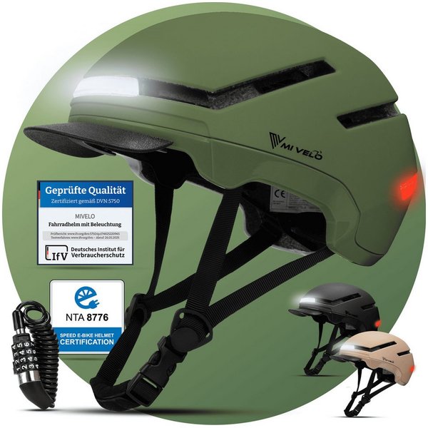 MIVELO Fahrradhelm NOVA - für Herren und Damen mit Licht vorne & hinten, NTA zertifiziert, 360° Beleuchtung, 24 Monate Crash-Ersatz-Garantie
