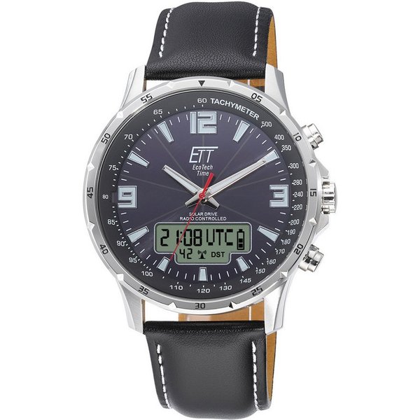 ETT Funk-Multifunktionsuhr Professional WorldTimer EGS-11550-21L, Armbanduhr, Solar, Herrenuhr, Lederarmband, analog, digital, Tag