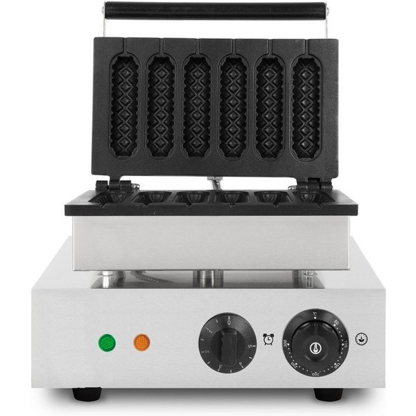 vertes Waffeleisen am Stiel 6 Waffeln gleichzeitig 120 Stück pro Stunde regelbar 0-300°C, 1550 W, teflonbeschichtet, mit Edelstahlgehäuse Timerfunktion, Kaltgri