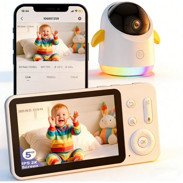 TWUFY Babyphone 2K/5,0 Zoll WLAN Babyphone mit Kamera und App IR/RBG Nachtsicht, Automatische Verfolgung, Video Babyfon PTZ 360° Überwachungskamera Innen für Ha