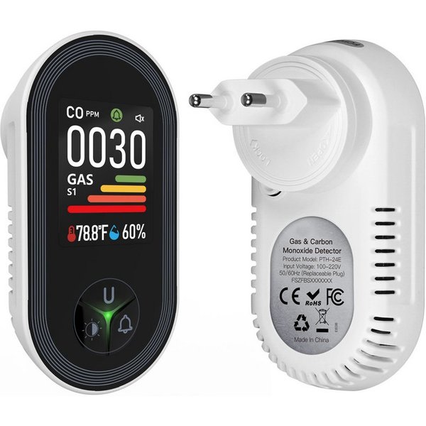 AFKSMILE Kohlenmonoxid- und Gasmelder mit Stecker, 4-in-1 CO-Melder für Zuhause CO-Melder (CO-Melder mit Temperatur- und Luftfeuchtigkeitssensor für Wohnmobile)