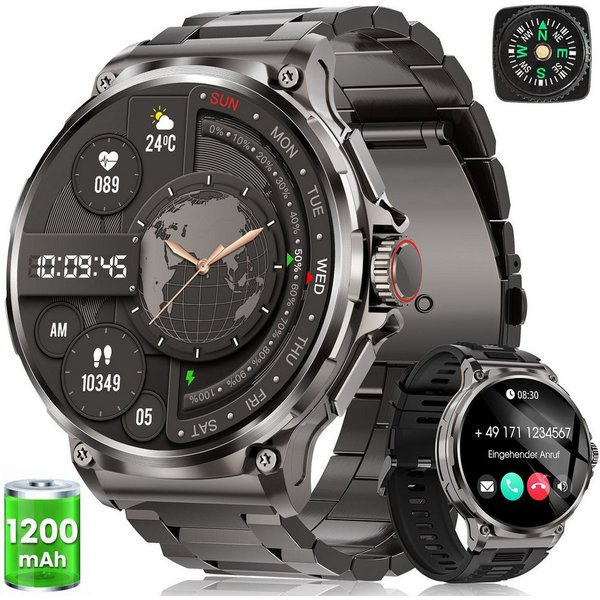 FOSMET 2026 1200-mAh-Akku,Smartwatch Herren Militärqualität,60 Tage Standby Smartwatch, Mit Herzfrequenz,SpO2 und Schlaf,Blutdruckmessung,1.92''AMOLED-Display