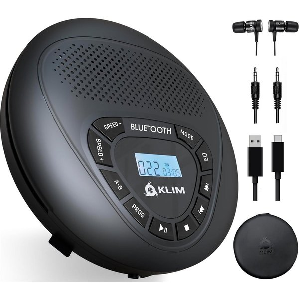 KLIM Speaker tragbarer CD-Player (Discman mit Kopfhörer, ideal fürs Auto, AUX, mit Lautsprecher)