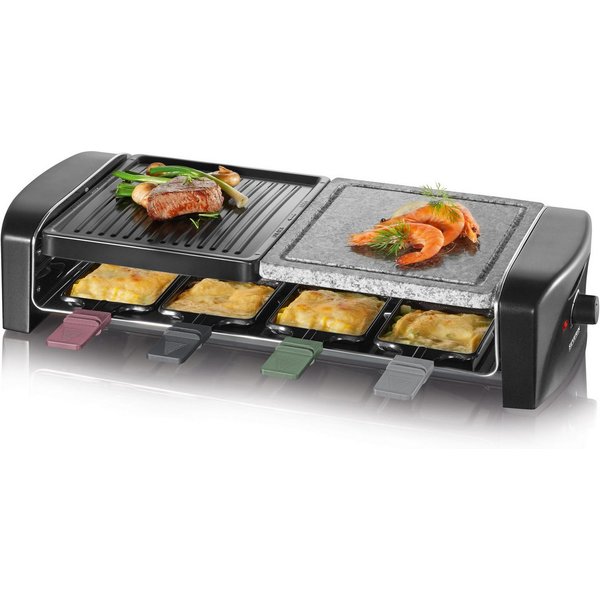 Severin Raclette RG 9645, 8 Raclettepfännchen, 1400 W, Naturgrillstein & antihaftbeschichtete Grillplatte, 8 Personen, 1400W