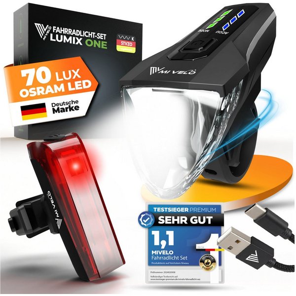 MIVELO Fahrradbeleuchtung LUMIX Fahrradlicht LED Set 70 LUX - Akku USB aufladbar wasserdicht, OSRAM LED