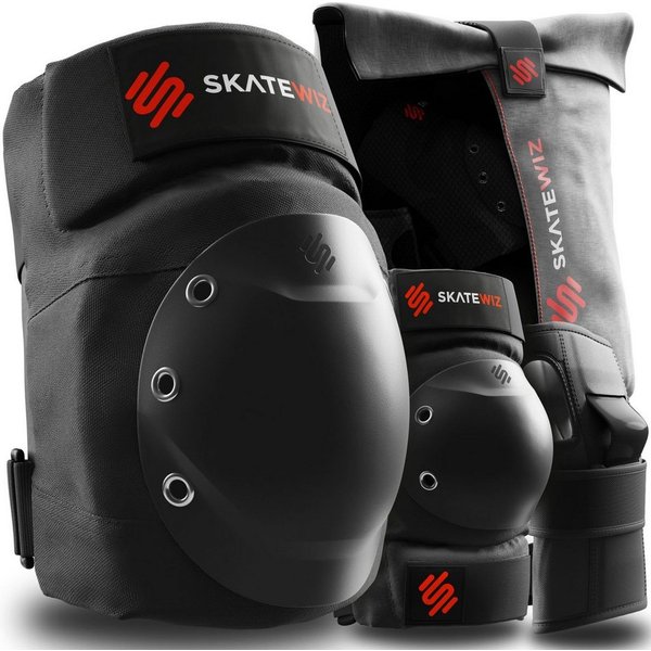 SKATEWIZ Protektoren-Set SHIELD - Skateboard Schonerset für Jugendliche und Erwachsene (Inliner Protektoren Damen Ellbogenschützer Herren, 7-tlg., Handschoner, 