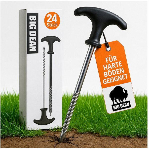 BigDean Zelthering 24 Stück Heringe Erdnägel stabil auch für Harte Böden Zeltheringe, (Packung, 24-St., Zeltheringe), Eindrehbar, Kein Hämmern, Schutzkappen