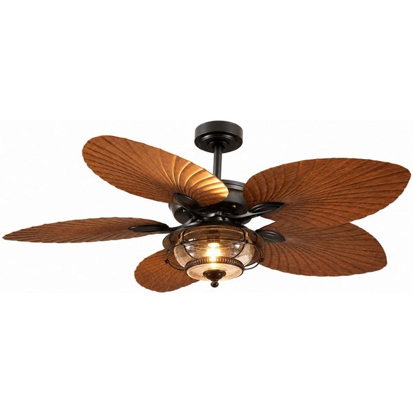 Surtime Deckenventilator 132 cm, mit Palmblatt-Flügeln und leistungsstarkem Gleichstrommotor, mit LED-Licht, 6 Geschwindigkeiten, Timer (1/4/8 h), IP44