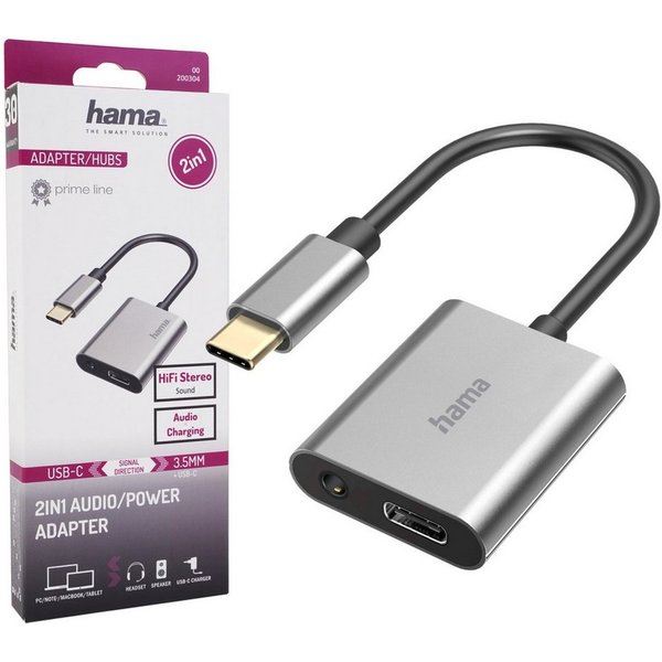 Hama 2in1 Audio-Adapter USB-C auf 3,5mm Klinke USB-Adapter USB-C zu 3,5-mm-Klinke, USB-C, AUX + Ladebuchse Strom für Handy Smartphone Tablet PC Notebook