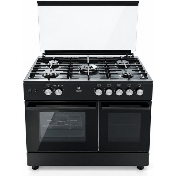 Gasline Gas-Standherd mit Gasbackofen und Flaschenschrank GAG90GOXFLB, mit 1-fach-Teleskopauszug, Elektrische Zündung, Zündsicherung, 90 cm breit mit WOK Brenne