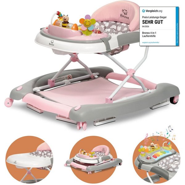 Bronea Lauflernhilfe 4in1 Gehfrei Baby Lauflernwagen Schaukel Lauflernhilfe Babywalker Rosa, Im nu - auf Knopfdruck - zum Schaukel, Widerstand Reifen einstellba