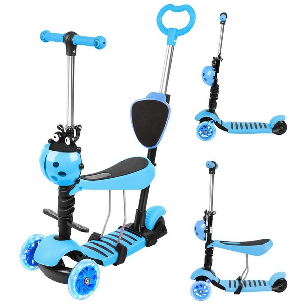 JEOBEST Scooter 3-in-1 Kinderroller mit Rückenlehne & Abnehmbarem Sitz, Höhenverstellbarer 3-Rad-Tretroller ab 2 Jahre