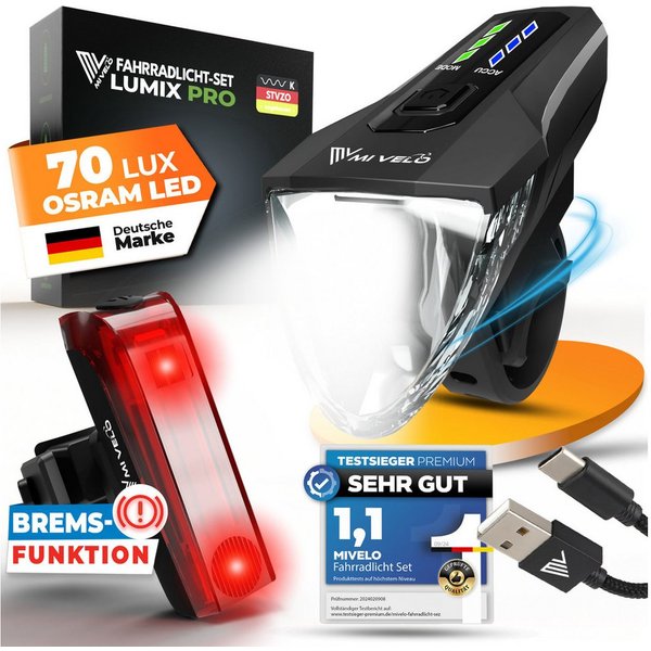 MIVELO Fahrradbeleuchtung LUMIX Fahrradlicht LED Set 70 LUX - Akku USB aufladbar wasserdicht, OSRAM LED