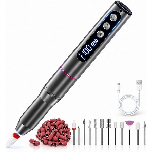 Forrlite Maniküre-Pediküre-Set 12 in 1 Professionell elektrischer Nagelfräser 35000 U/min Nagelfräser, 12-tlg., 7 Geschwindigkeiten Digitalanzeige, Elektrisches