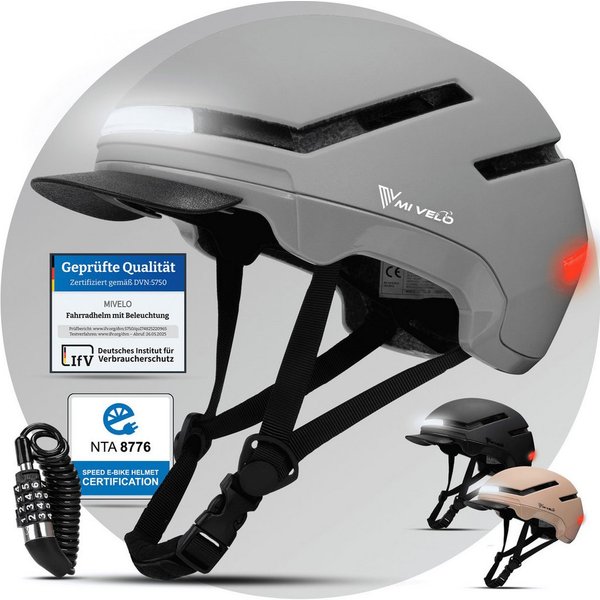 MIVELO Fahrradhelm NOVA - für Herren und Damen mit Licht vorne & hinten, NTA zertifiziert, 360° Beleuchtung, 24 Monate Crash-Ersatz-Garantie