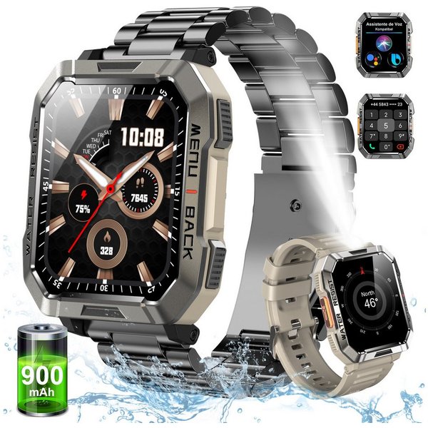 blackview 2026 900-mAh-Akku,Smartwatch Herren Militärqualität,100 Tage Standby Smartwatch (2.01 Zoll, iOS&Android) Packung, 3-tlg., 2 Armbänder / 3 Armbänder un