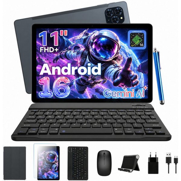 Zenva T90 11 Zoll Android 16 FHD IPS 128GB mit Tastatur Stift Maus Tablet (11", 128 GB, Android 16, FHD Display, Widevine L1, Gemini AI, mit Tastatur/Hülle/Maus