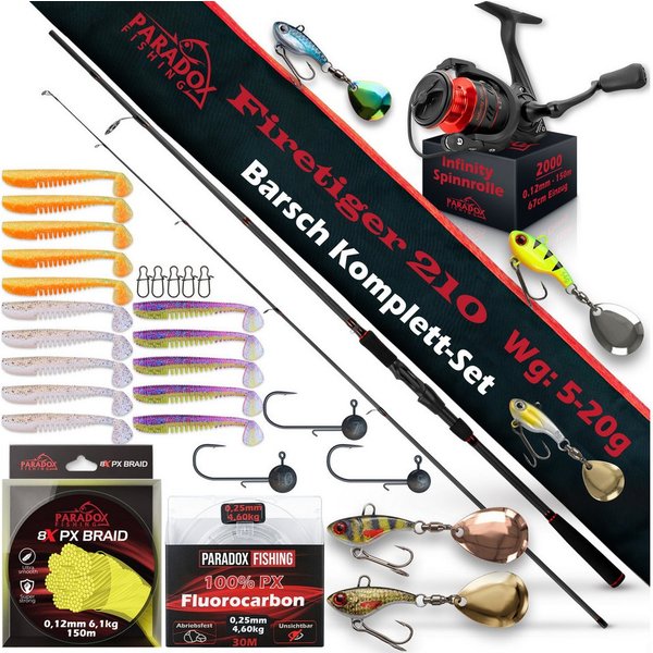 Paradox Fishing Spinnrute Barsch Komplett Set Firetiger Spinnrute 5-20g + 2000 Infinity Rolle, (Rute + 2000 Rolle + Köderset), Komplett-Starterset