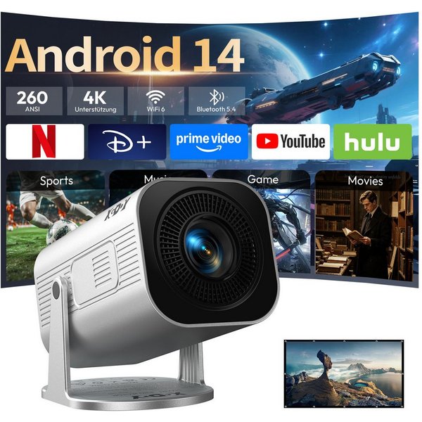 XGODY Android 14 Smart Projektor 2026 Upgrade beamer mit leinwand LCD-Beamer (260 lm, 2000:1, 3840 x 2160 px, 4K unterstützt, Auto Keystone Correction, 180° Dre