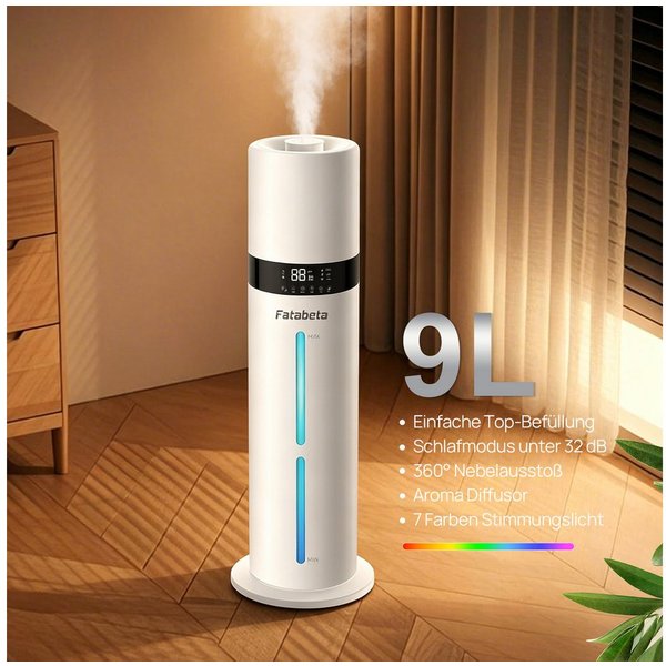 FATABETA Luftbefeuchter 9L Ultraschall Raumbefeuchter, mit Aroma-Diffusor, 9 l Wassertank, Bis 50m², Schlafmodus 32dB, Nachtlicht, Speicher, Timer, Fernbedienun